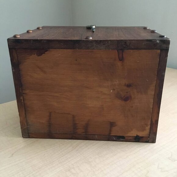 Vintage Large Storage Box Solid Hardwood Lid/Lock/Key Brass Hardware | 14x13x10 - Picture 9 of 11